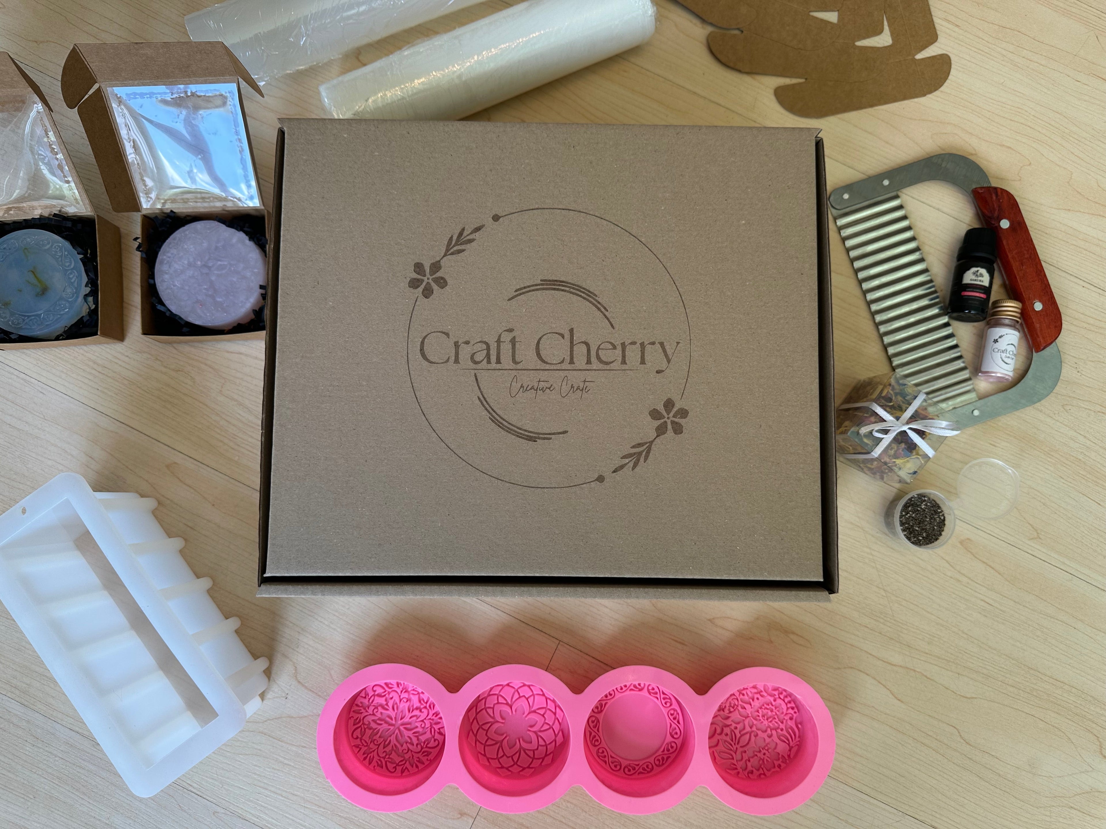 Soap making craft subsciption box with silicone moulds and soap base